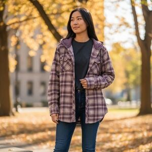 AMERICAN EAGLE Women’s Plaid Button Up Flannel Hoodie Purple Y2K BOHO Size XS